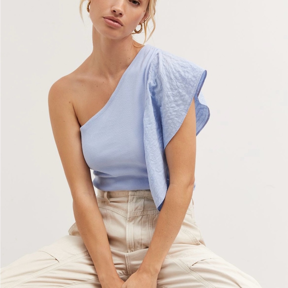 New, never worn ruffled one shouldered Anthropologie  top. Baby blue.